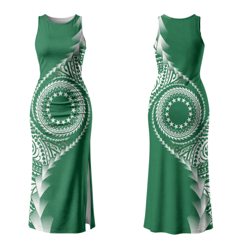 Cook Islands Gospel Day Couples Matching Tank Maxi Dress and Hawaiian Shirt Green Tribal Curves LT05 - Polynesian Pride
