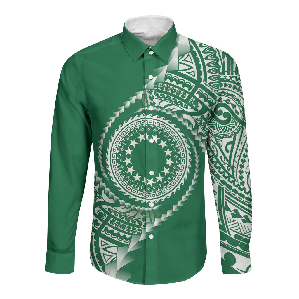 Cook Islands Gospel Day Long Sleeve Button Shirt Green Tribal Curves