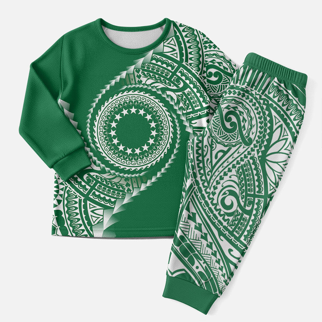 Cook Islands Gospel Day Christmas Pajama Set Green Tribal Curves LT05 Men Green - Polynesian Pride