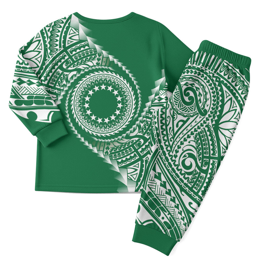 Cook Islands Gospel Day Christmas Pajama Set Green Tribal Curves LT05 - Polynesian Pride