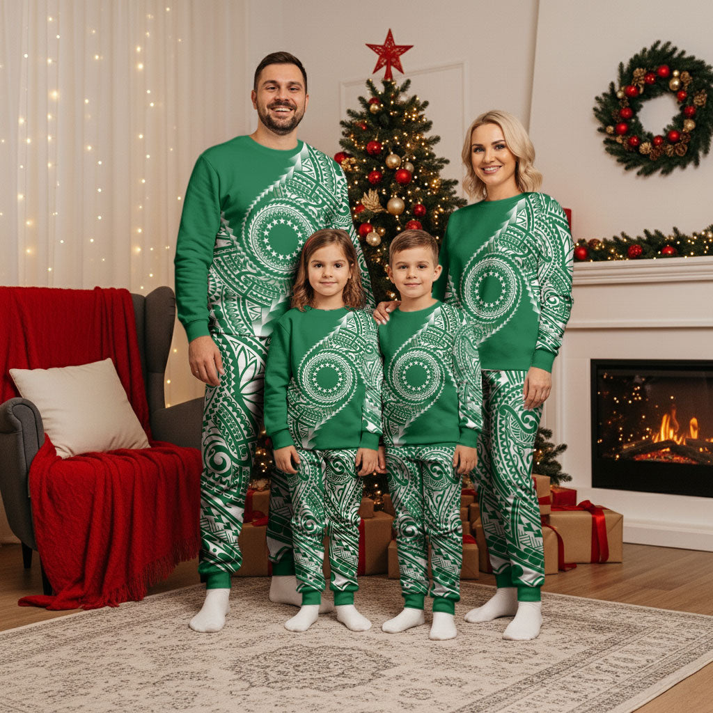 Cook Islands Gospel Day Christmas Pajama Set Green Tribal Curves LT05 - Polynesian Pride