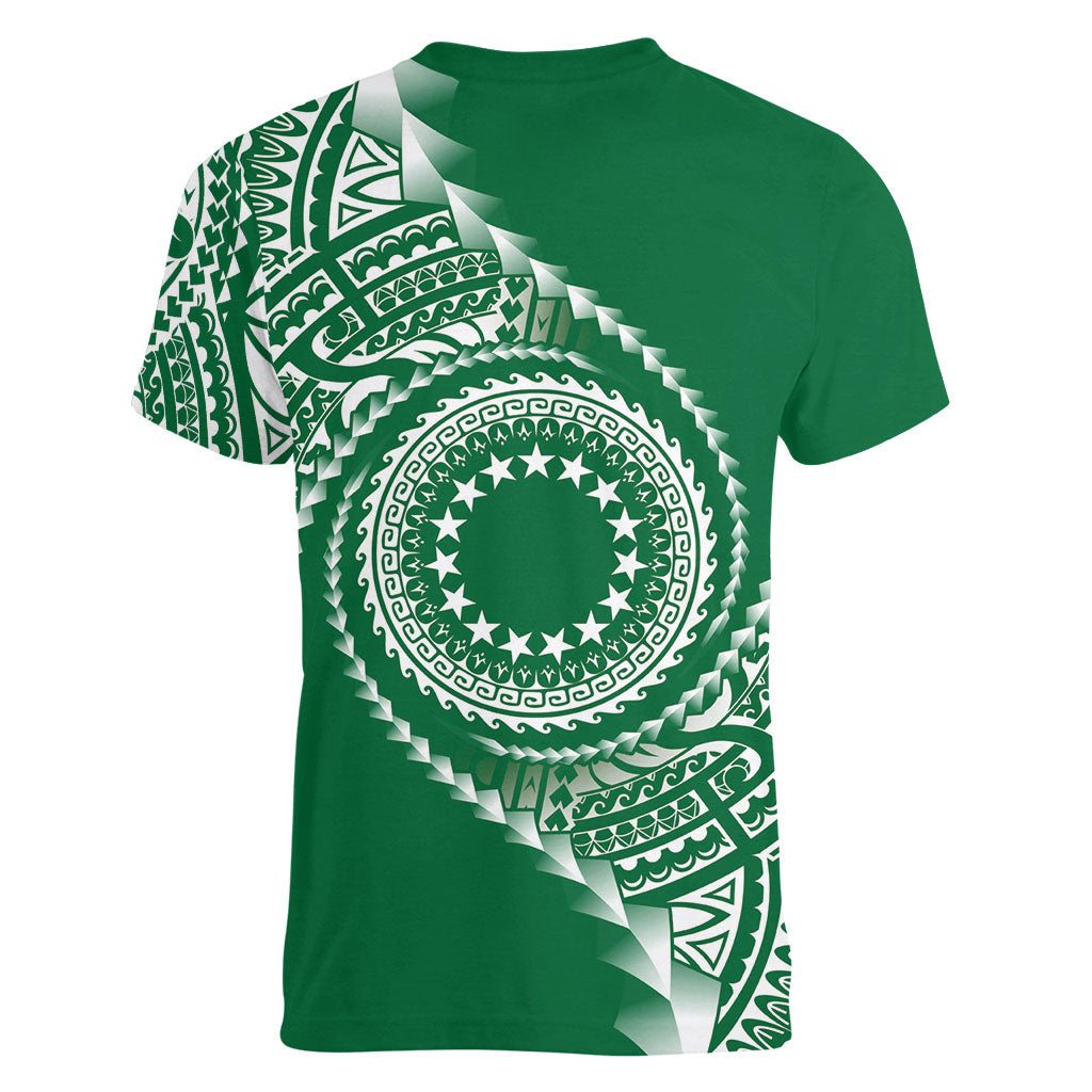 Cook Islands Gospel Day Women V-Neck T-Shirt Green Tribal Curves LT05 - Polynesian Pride