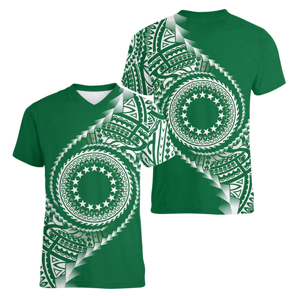Cook Islands Gospel Day Women V-Neck T-Shirt Green Tribal Curves LT05 - Polynesian Pride