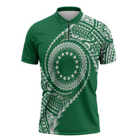 Cook Islands Gospel Day Zipper Polo Shirt Green Tribal Curves LT05 Green - Polynesian Pride