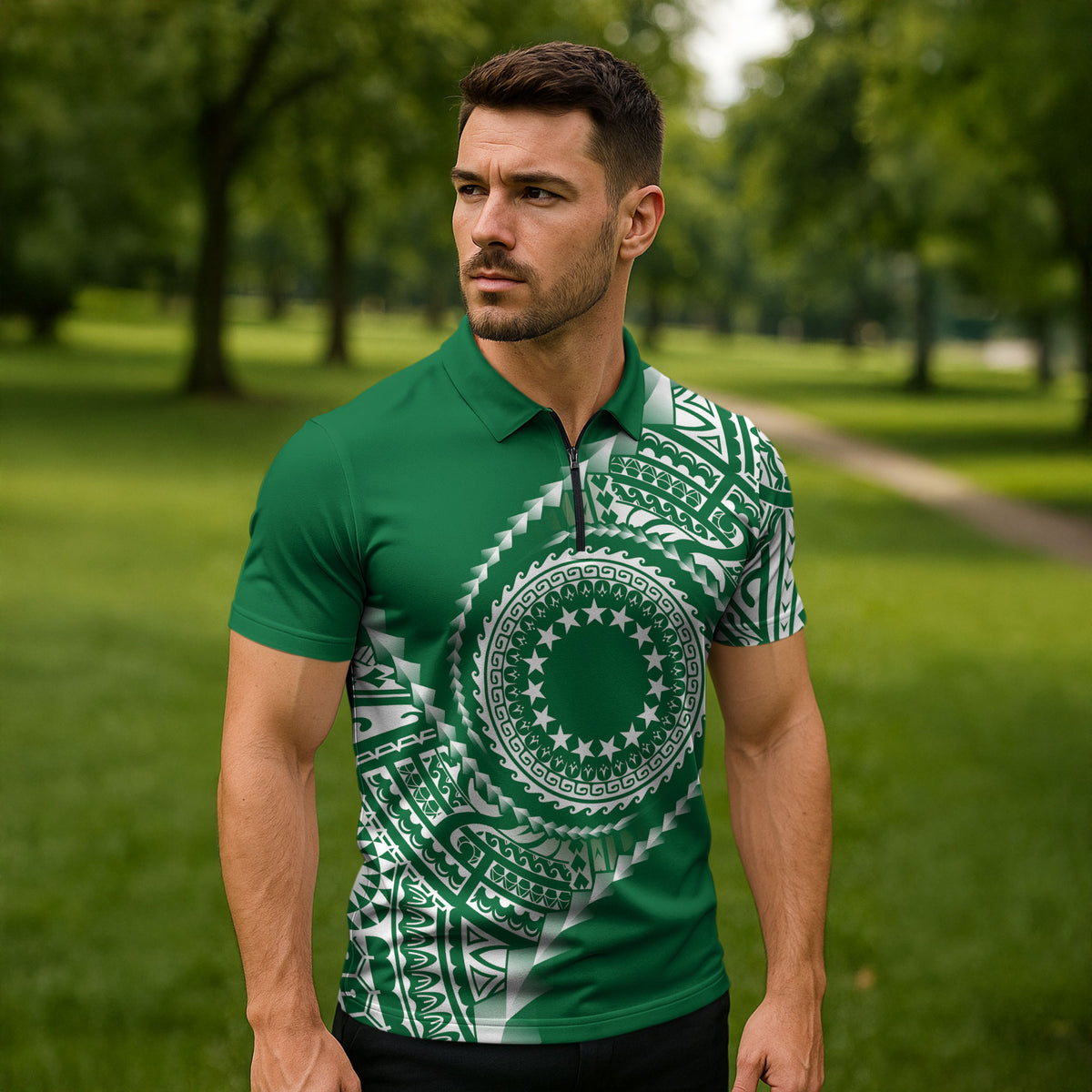 Cook Islands Gospel Day Zipper Polo Shirt Green Tribal Curves LT05 - Polynesian Pride