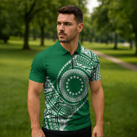 Cook Islands Gospel Day Zipper Polo Shirt Green Tribal Curves LT05 - Polynesian Pride