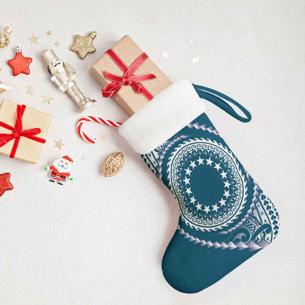 Cook Islands Gospel Day Christmas Stocking Blue Tribal Curves