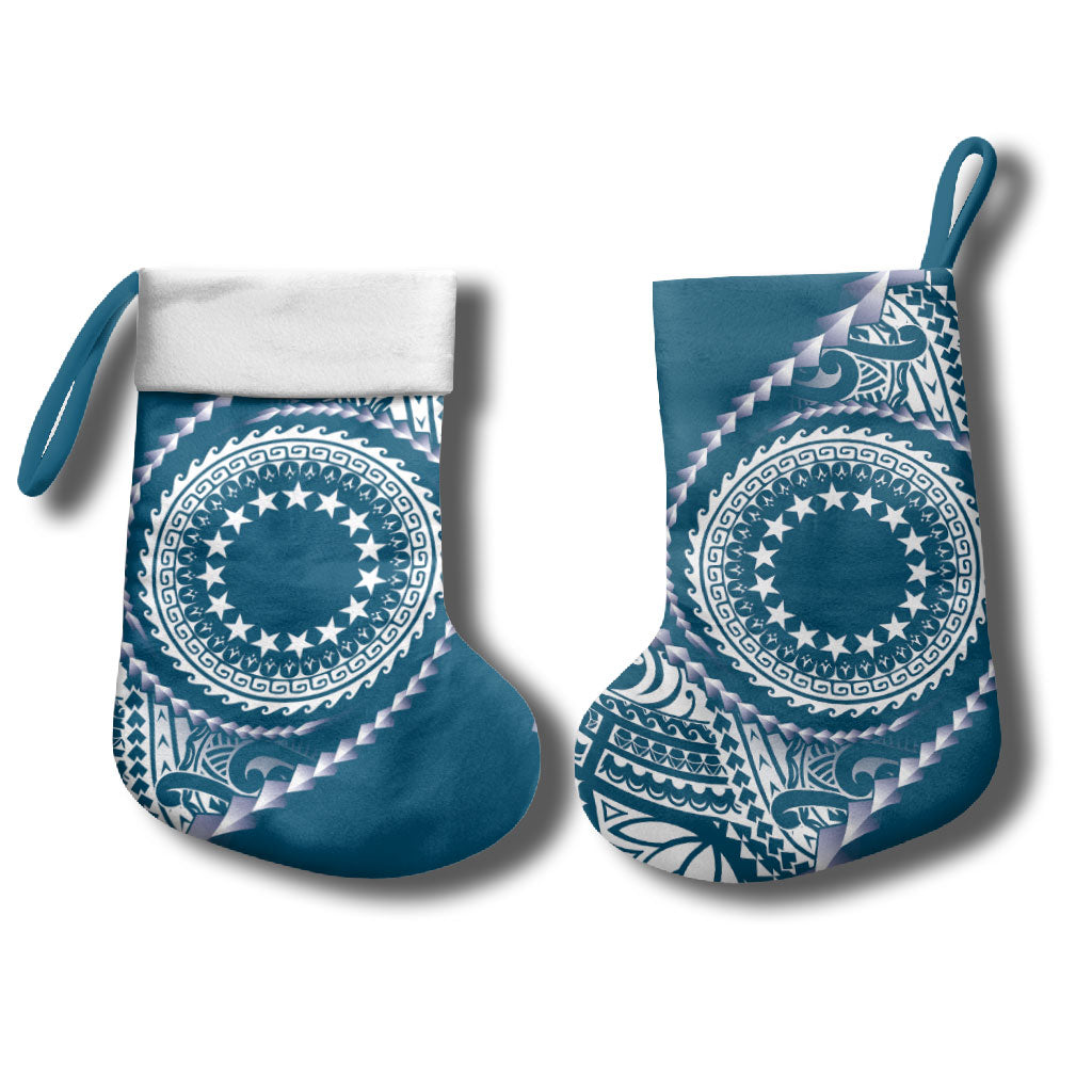 Cook Islands Gospel Day Christmas Stocking Blue Tribal Curves
