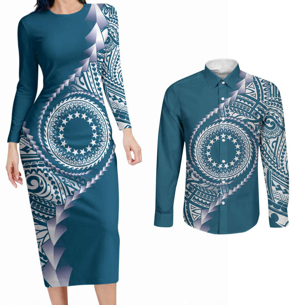 Cook Islands Gospel Day Couples Matching Long Sleeve Bodycon Dress and Long Sleeve Button Shirt Blue Tribal Curves LT05 Blue - Polynesian Pride