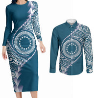 Cook Islands Gospel Day Couples Matching Long Sleeve Bodycon Dress and Long Sleeve Button Shirt Blue Tribal Curves LT05 Blue - Polynesian Pride
