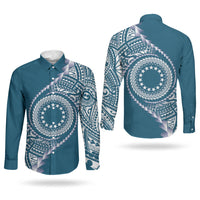 Cook Islands Gospel Day Couples Matching Long Sleeve Bodycon Dress and Long Sleeve Button Shirt Blue Tribal Curves LT05 - Polynesian Pride