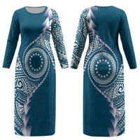 Cook Islands Gospel Day Couples Matching Long Sleeve Bodycon Dress and Long Sleeve Button Shirt Blue Tribal Curves LT05 - Polynesian Pride