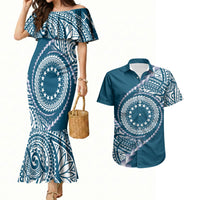 Cook Islands Gospel Day Couples Matching Mermaid Dress and Hawaiian Shirt Blue Tribal Curves LT05 Blue - Polynesian Pride