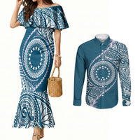 Cook Islands Gospel Day Couples Matching Mermaid Dress and Long Sleeve Button Shirt Blue Tribal Curves LT05 Blue - Polynesian Pride