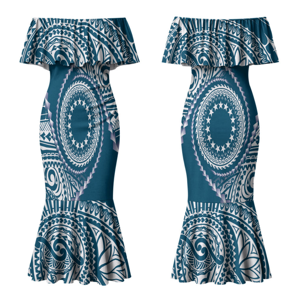 Cook Islands Gospel Day Couples Matching Mermaid Dress and Long Sleeve Button Shirt Blue Tribal Curves LT05 - Polynesian Pride