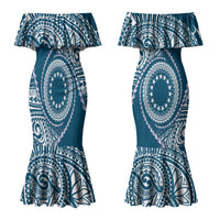 Cook Islands Gospel Day Couples Matching Mermaid Dress and Long Sleeve Button Shirt Blue Tribal Curves LT05 - Polynesian Pride