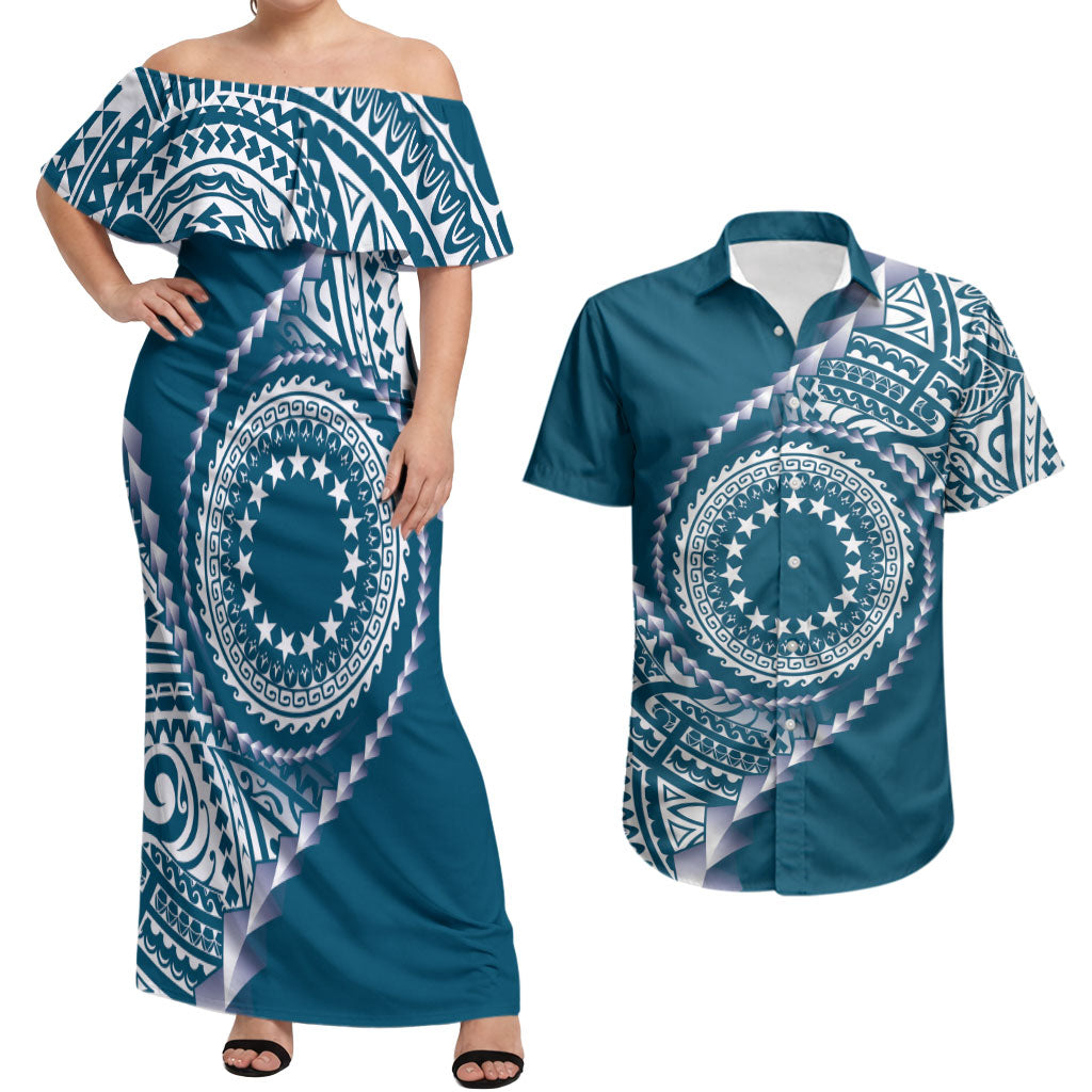 Cook Islands Gospel Day Couples Matching Off Shoulder Maxi Dress and Hawaiian Shirt Blue Tribal Curves LT05 Blue - Polynesian Pride