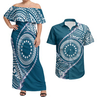 Cook Islands Gospel Day Couples Matching Off Shoulder Maxi Dress and Hawaiian Shirt Blue Tribal Curves LT05 Blue - Polynesian Pride
