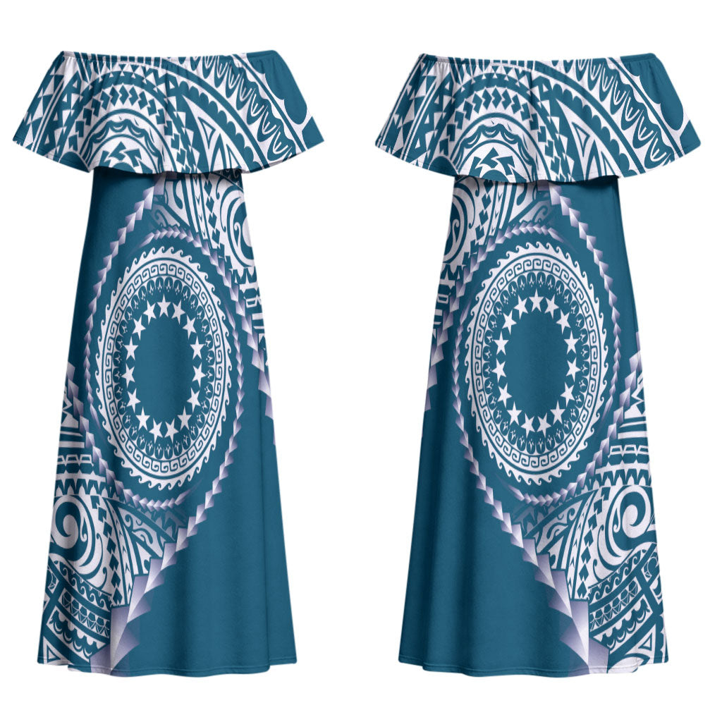 Cook Islands Gospel Day Couples Matching Off Shoulder Maxi Dress and Hawaiian Shirt Blue Tribal Curves LT05 - Polynesian Pride