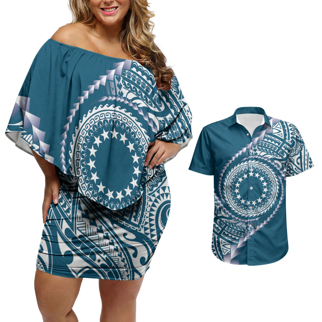 Cook Islands Gospel Day Couples Matching Off Shoulder Short Dress and Hawaiian Shirt Blue Tribal Curves LT05 Blue - Polynesian Pride