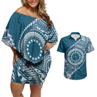 Cook Islands Gospel Day Couples Matching Off Shoulder Short Dress and Hawaiian Shirt Blue Tribal Curves LT05 Blue - Polynesian Pride
