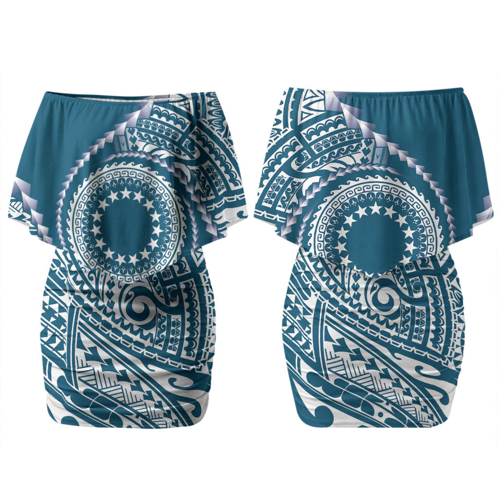 Cook Islands Gospel Day Couples Matching Off Shoulder Short Dress and Hawaiian Shirt Blue Tribal Curves LT05 - Polynesian Pride