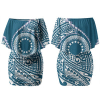 Cook Islands Gospel Day Couples Matching Off Shoulder Short Dress and Hawaiian Shirt Blue Tribal Curves LT05 - Polynesian Pride