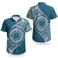 Cook Islands Gospel Day Couples Matching Off Shoulder Short Dress and Hawaiian Shirt Blue Tribal Curves LT05 - Polynesian Pride