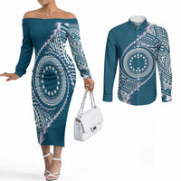 Cook Islands Gospel Day Couples Matching Off The Shoulder Long Sleeve Dress and Long Sleeve Button Shirt Blue Tribal Curves LT05 Blue - Polynesian Pride