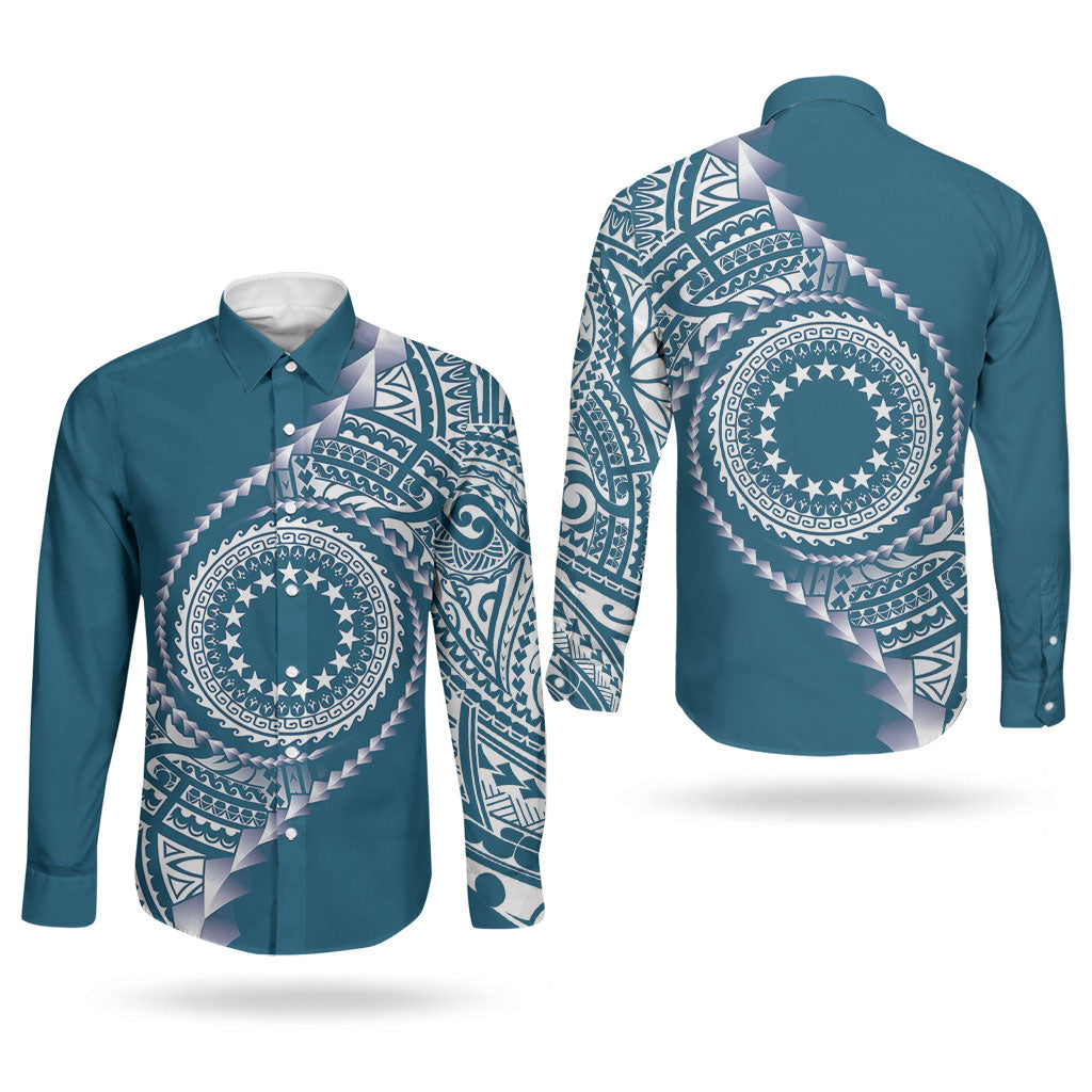 Cook Islands Gospel Day Couples Matching Off The Shoulder Long Sleeve Dress and Long Sleeve Button Shirt Blue Tribal Curves LT05 - Polynesian Pride