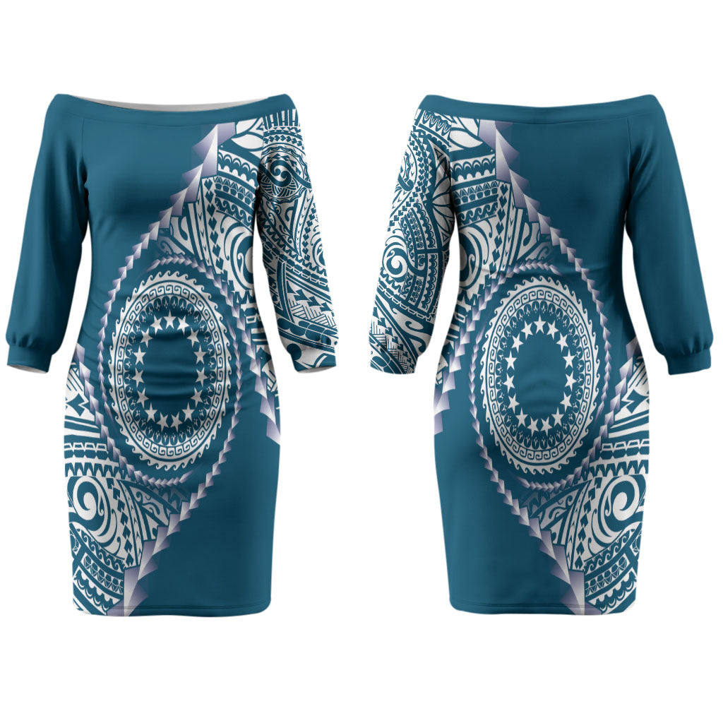 Cook Islands Gospel Day Couples Matching Off The Shoulder Long Sleeve Dress and Long Sleeve Button Shirt Blue Tribal Curves LT05 - Polynesian Pride