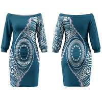 Cook Islands Gospel Day Couples Matching Off The Shoulder Long Sleeve Dress and Long Sleeve Button Shirt Blue Tribal Curves LT05 - Polynesian Pride