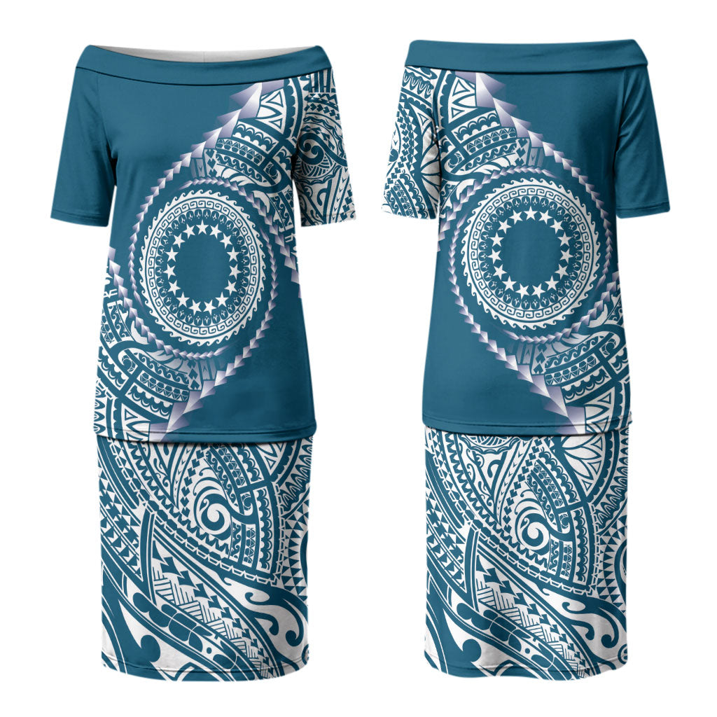 Cook Islands Gospel Day Couples Matching Puletasi and Long Sleeve Button Shirt Blue Tribal Curves
