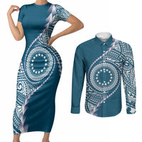 Cook Islands Gospel Day Couples Matching Short Sleeve Bodycon Dress and Long Sleeve Button Shirt Blue Tribal Curves LT05 Blue - Polynesian Pride