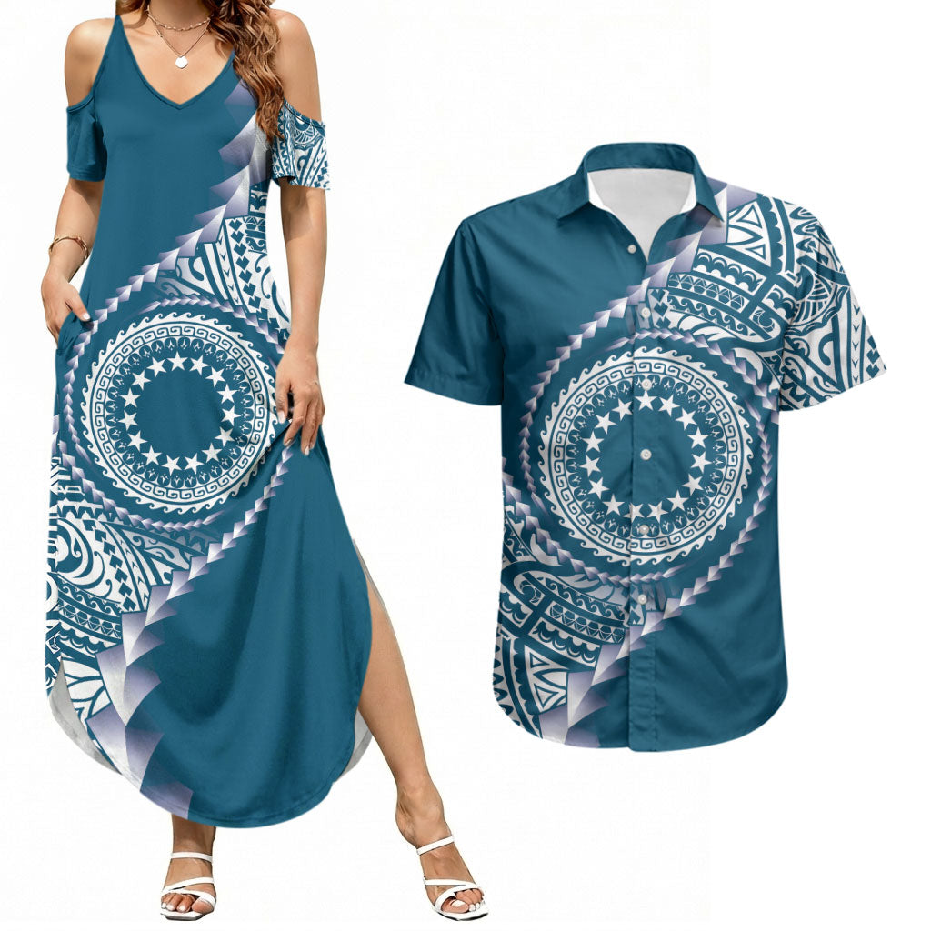 Cook Islands Gospel Day Couples Matching Summer Maxi Dress and Hawaiian Shirt Blue Tribal Curves LT05 Blue - Polynesian Pride