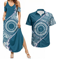 Cook Islands Gospel Day Couples Matching Summer Maxi Dress and Hawaiian Shirt Blue Tribal Curves LT05 Blue - Polynesian Pride