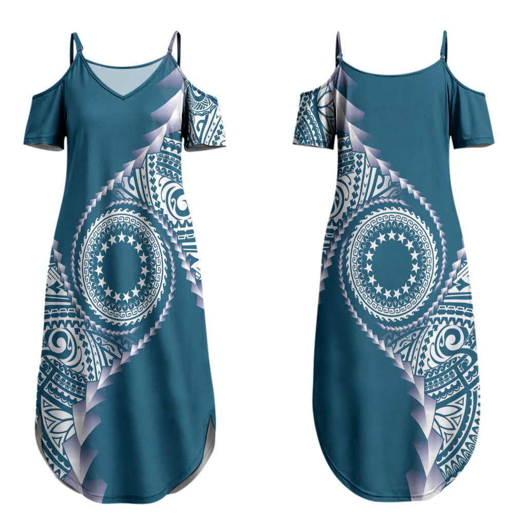 Cook Islands Gospel Day Couples Matching Summer Maxi Dress and Hawaiian Shirt Blue Tribal Curves LT05 - Polynesian Pride