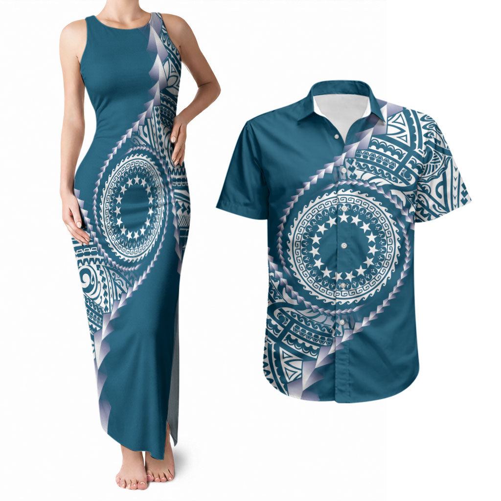 Cook Islands Gospel Day Couples Matching Tank Maxi Dress and Hawaiian Shirt Blue Tribal Curves LT05 Blue - Polynesian Pride