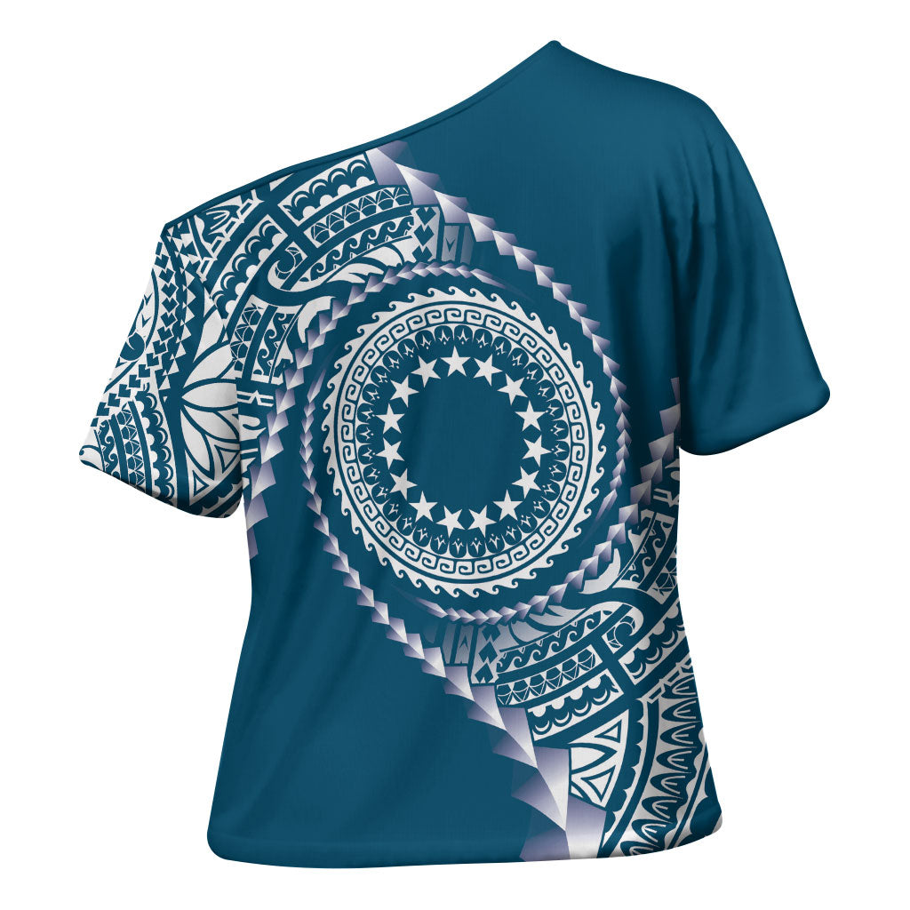 Cook Islands Gospel Day Cross Shoulder Shirt Blue Tribal Curves LT05 - Polynesian Pride