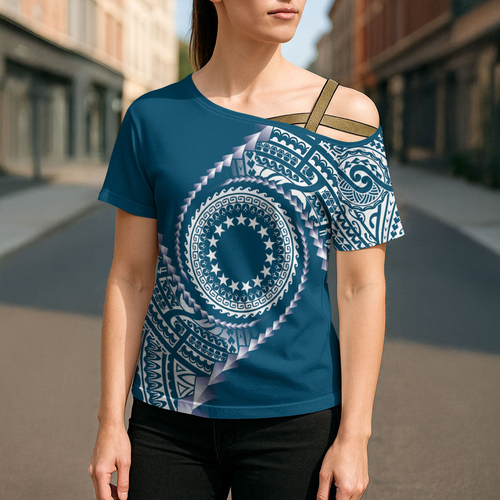 Cook Islands Gospel Day Cross Shoulder Shirt Blue Tribal Curves LT05 - Polynesian Pride