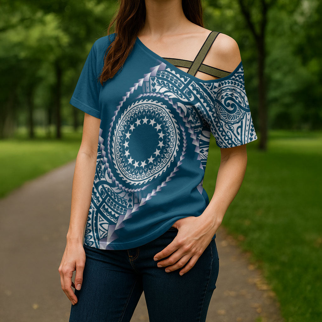 Cook Islands Gospel Day Cross Shoulder Shirt Blue Tribal Curves LT05 - Polynesian Pride