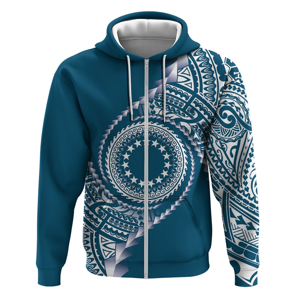 Cook Islands Gospel Day Hoodie Blue Tribal Curves LT05 Zip Hoodie Blue - Polynesian Pride