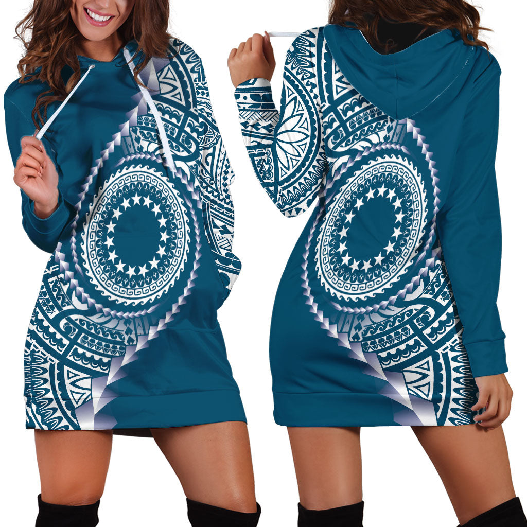 Cook Islands Gospel Day Hoodie Dress Blue Tribal Curves LT05 - Polynesian Pride