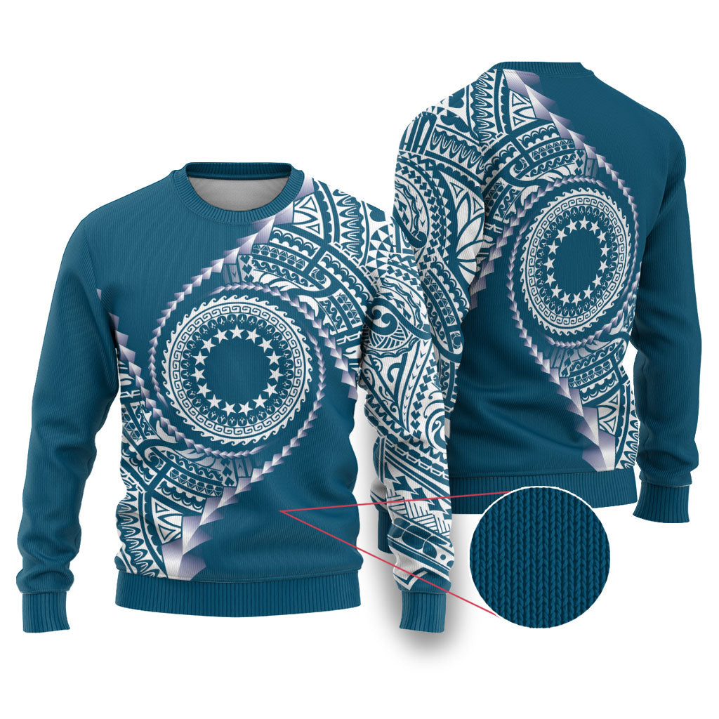 Cook Islands Gospel Day Ugly Christmas Sweater Blue Tribal Curves LT05 Blue - Polynesian Pride