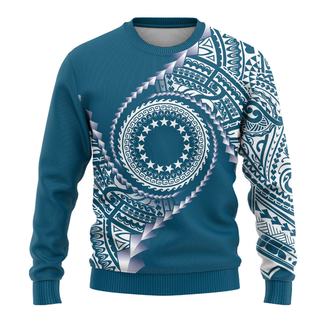 Cook Islands Gospel Day Ugly Christmas Sweater Blue Tribal Curves LT05 - Polynesian Pride