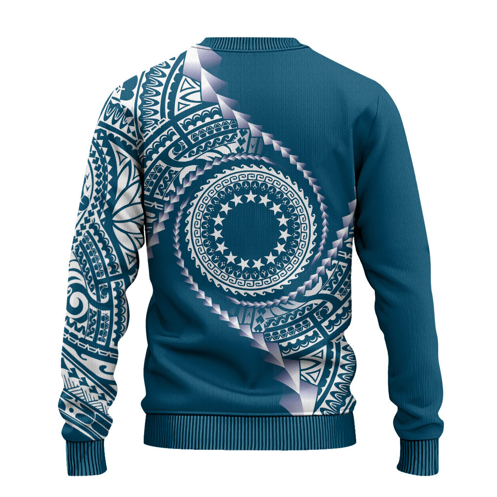 Cook Islands Gospel Day Ugly Christmas Sweater Blue Tribal Curves LT05 - Polynesian Pride