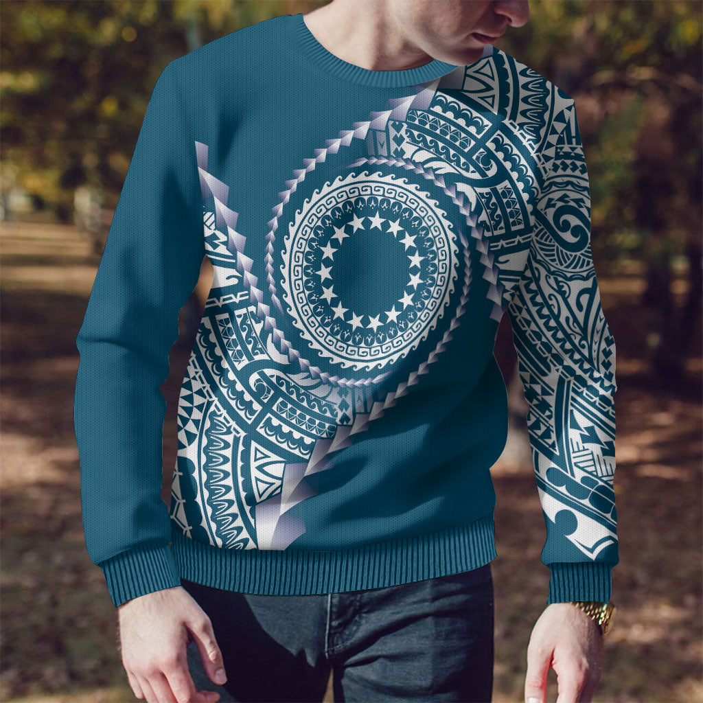 Cook Islands Gospel Day Ugly Christmas Sweater Blue Tribal Curves LT05 - Polynesian Pride