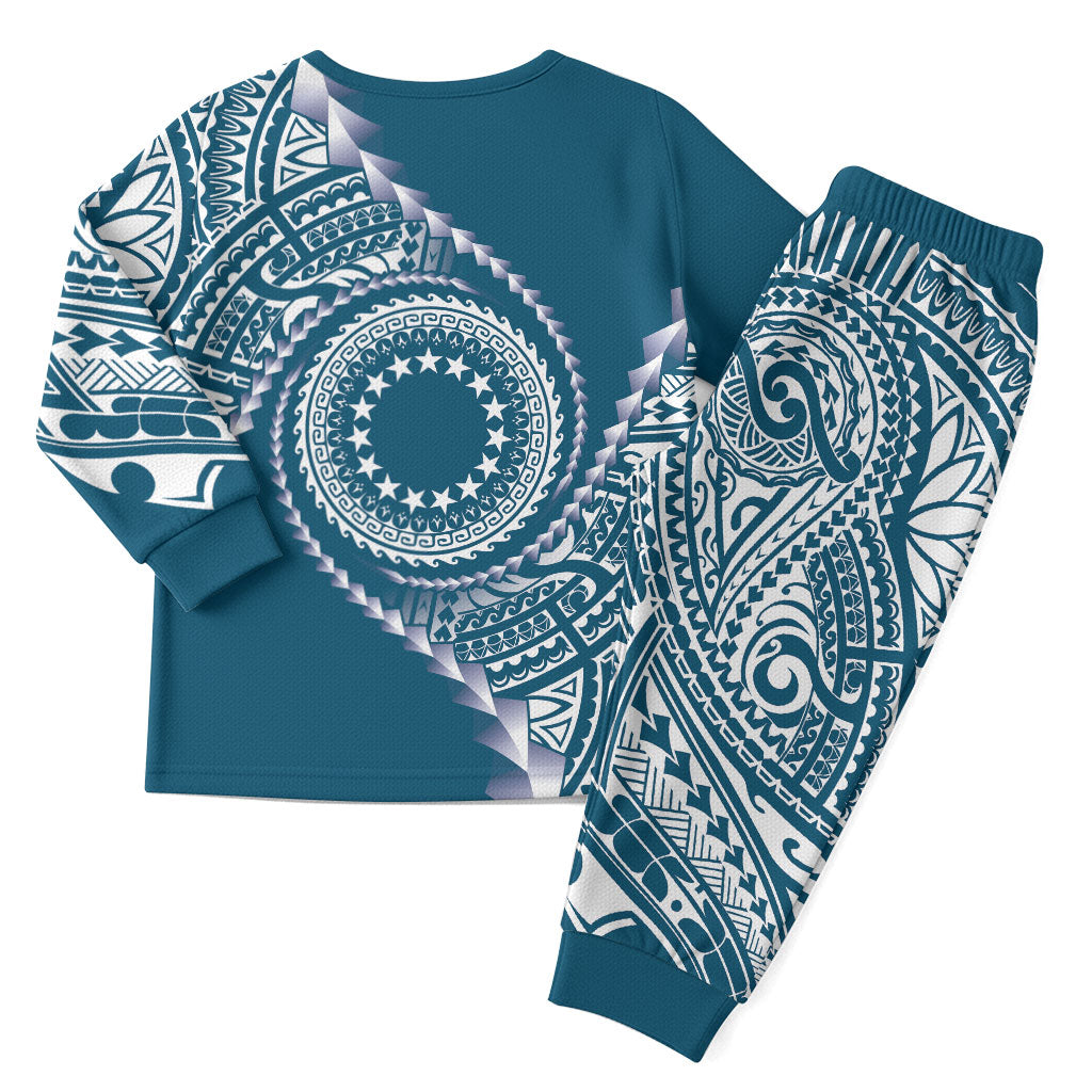 Cook Islands Gospel Day Christmas Pajama Set Blue Tribal Curves LT05 - Polynesian Pride