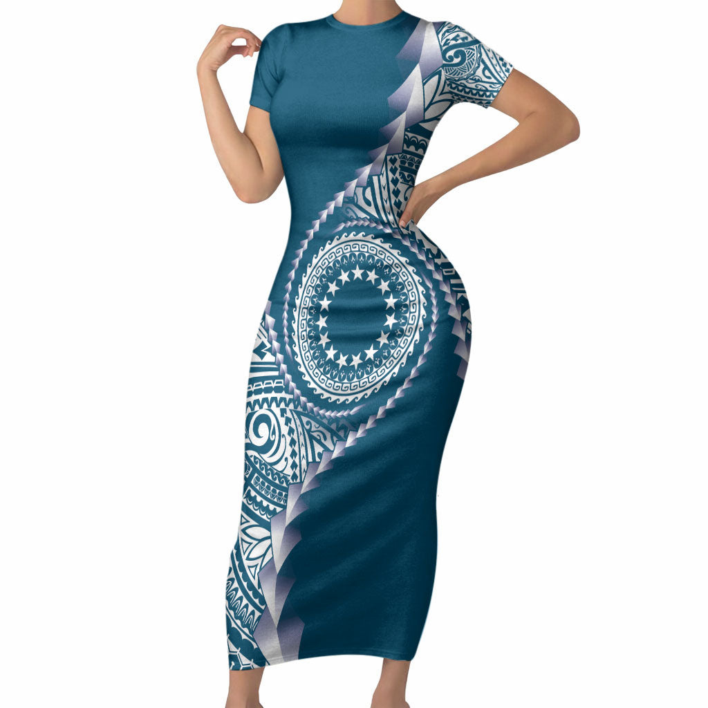 Cook Islands Gospel Day Short Sleeve Bodycon Dress Blue Tribal Curves LT05 Long Dress Blue - Polynesian Pride