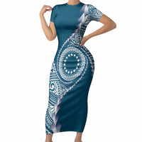 Cook Islands Gospel Day Short Sleeve Bodycon Dress Blue Tribal Curves LT05 Long Dress Blue - Polynesian Pride